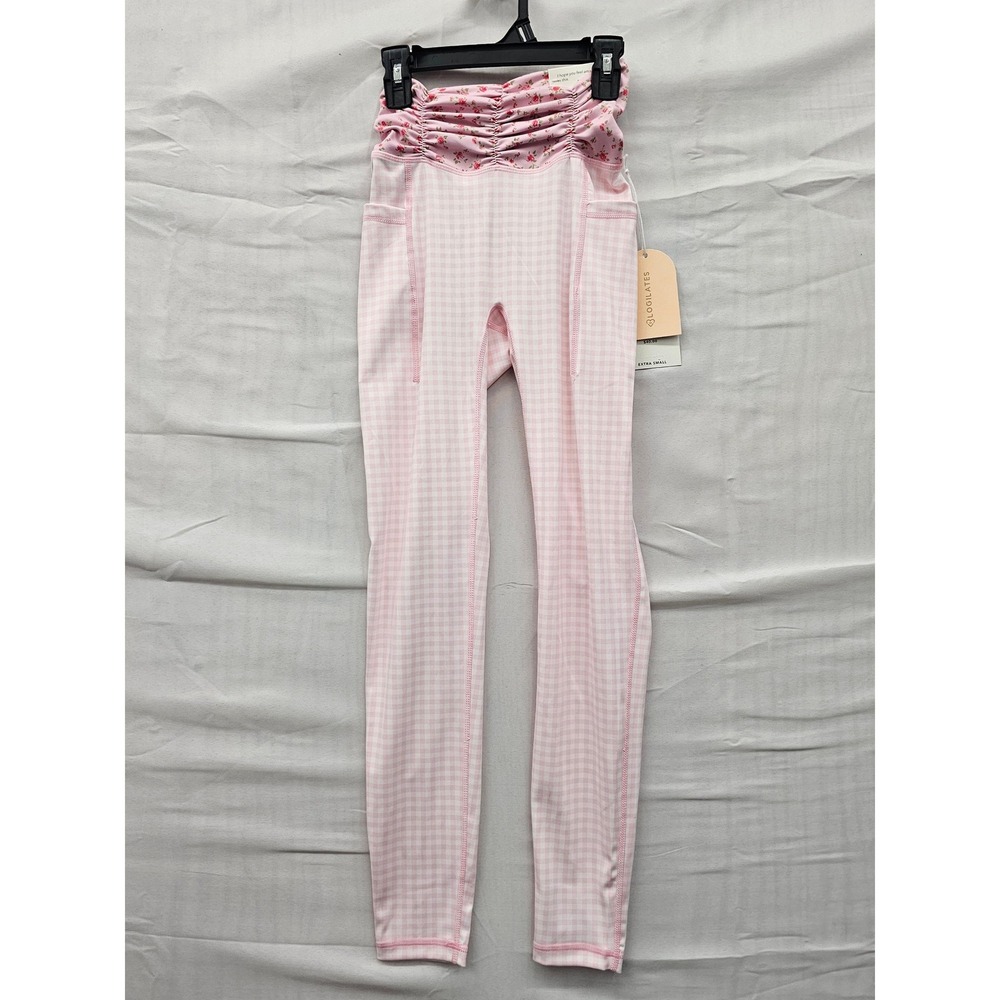Blogilates Womens Ruched Waist Leggings Pink Gingham Print‎ Athletic Size XS